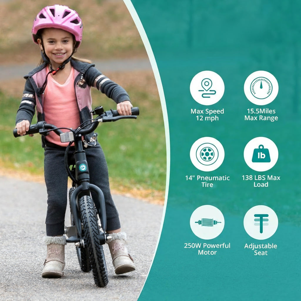 Elektrisches Balance-Bike für Kinder, 14" Luftreifen, 36V 250W Motor, bis zu 25 km Reichweite, verstellbarer Sitz – E-Motorrad für Jungen & Mädchen