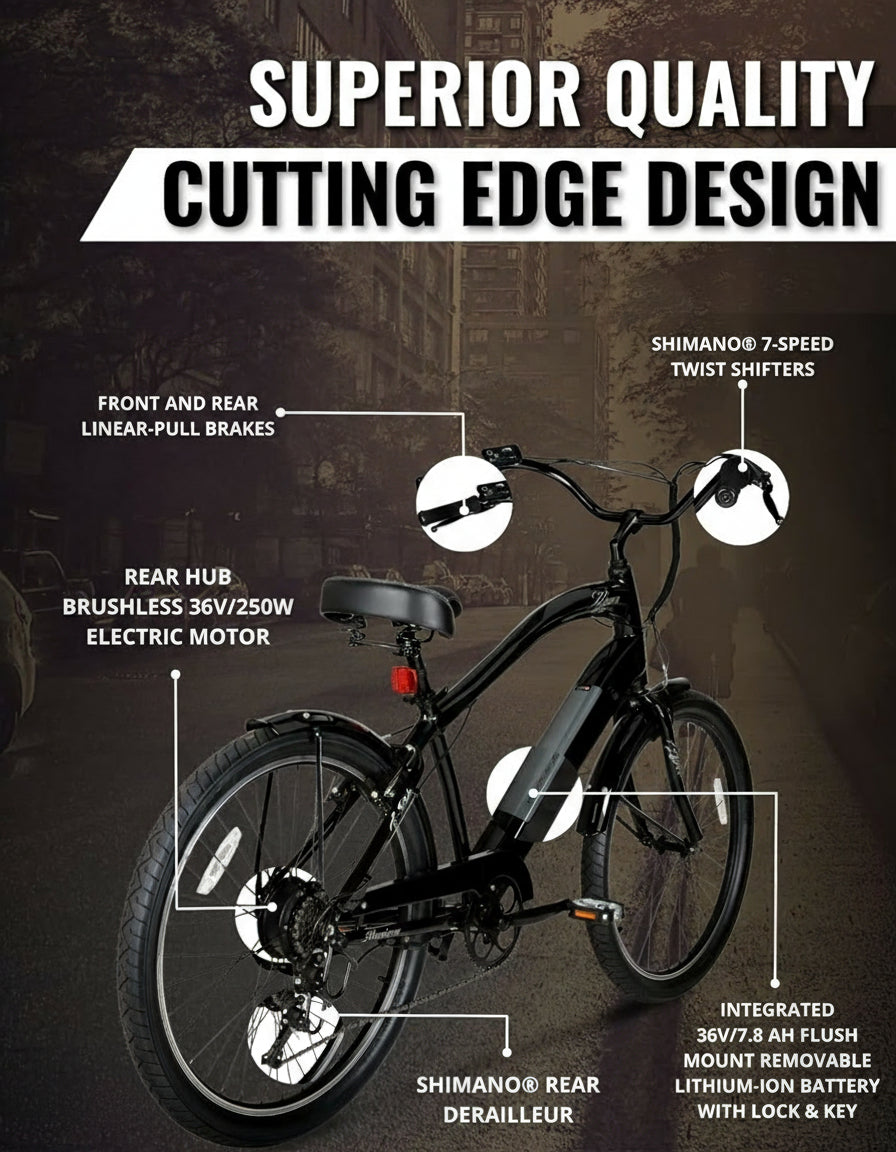 26" Herren Elektro-Cruiser E-Bike mit 36V Akku, 250W Motor und Tretunterstützung